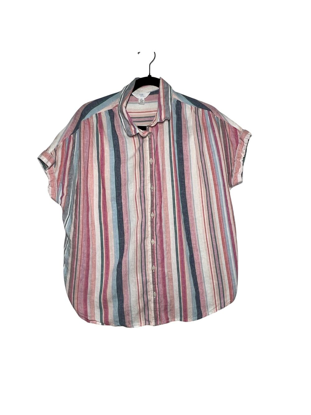 TIME & TRU Shirt Womens L 12 14 Pink Blue Stripe Linen Lyocell Short Sleeve